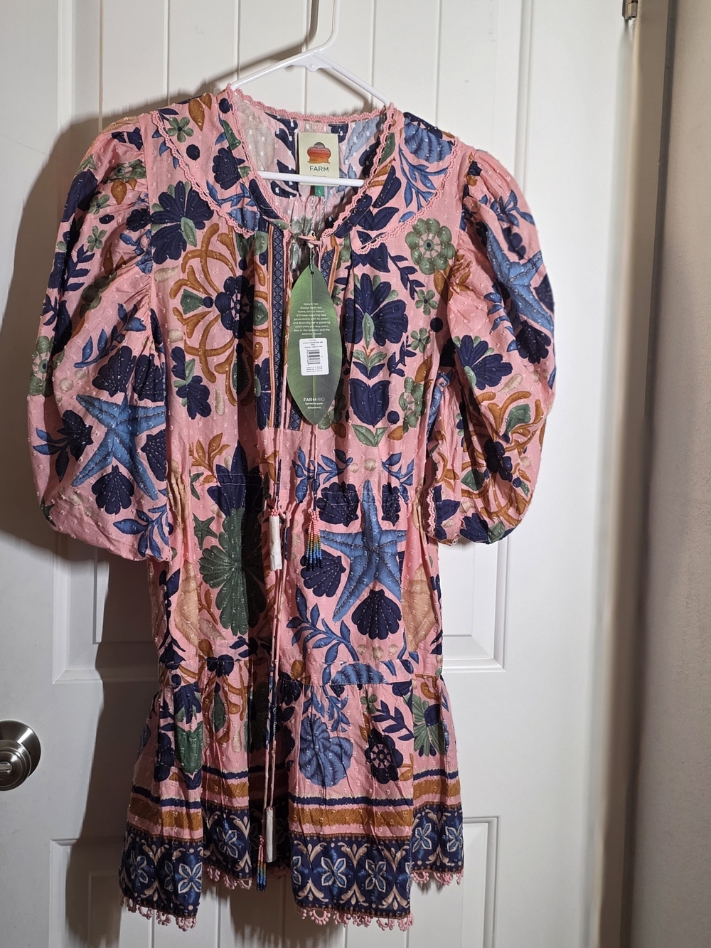 FARM Rio Pink Floral Puff-Sleeve Embroidered Dress